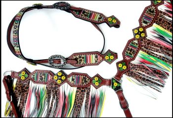 Showman Cheetah&#47; Serape print browband headstall and fringe breast collar set #2